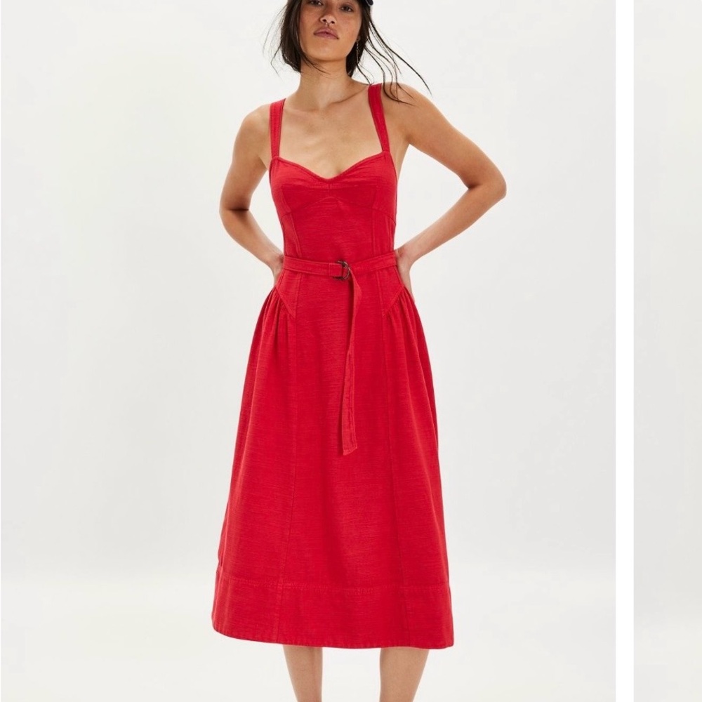 Free People Red Midi Dress with Belted Waist